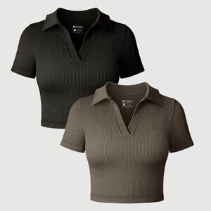 OQQ Women's 2 Piece Crop Top Short Sleeve Stretch Yoga Classic Fit